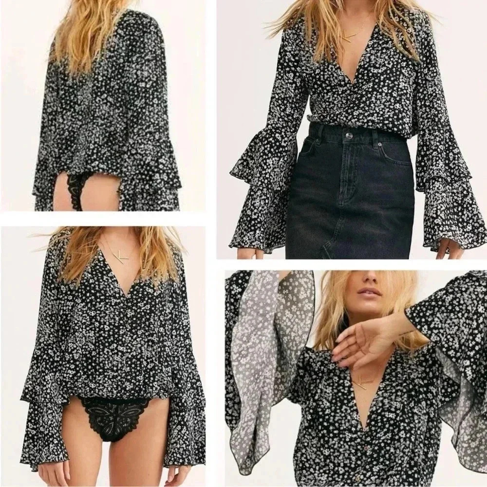 Free People Ditsy Floral Black Lace Bodysuit Dramatic Ruffle Long Sleeve…